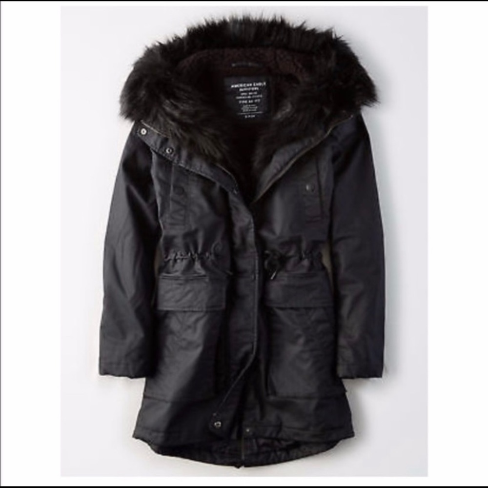 American Eagle AE faux fur parka coat XS black